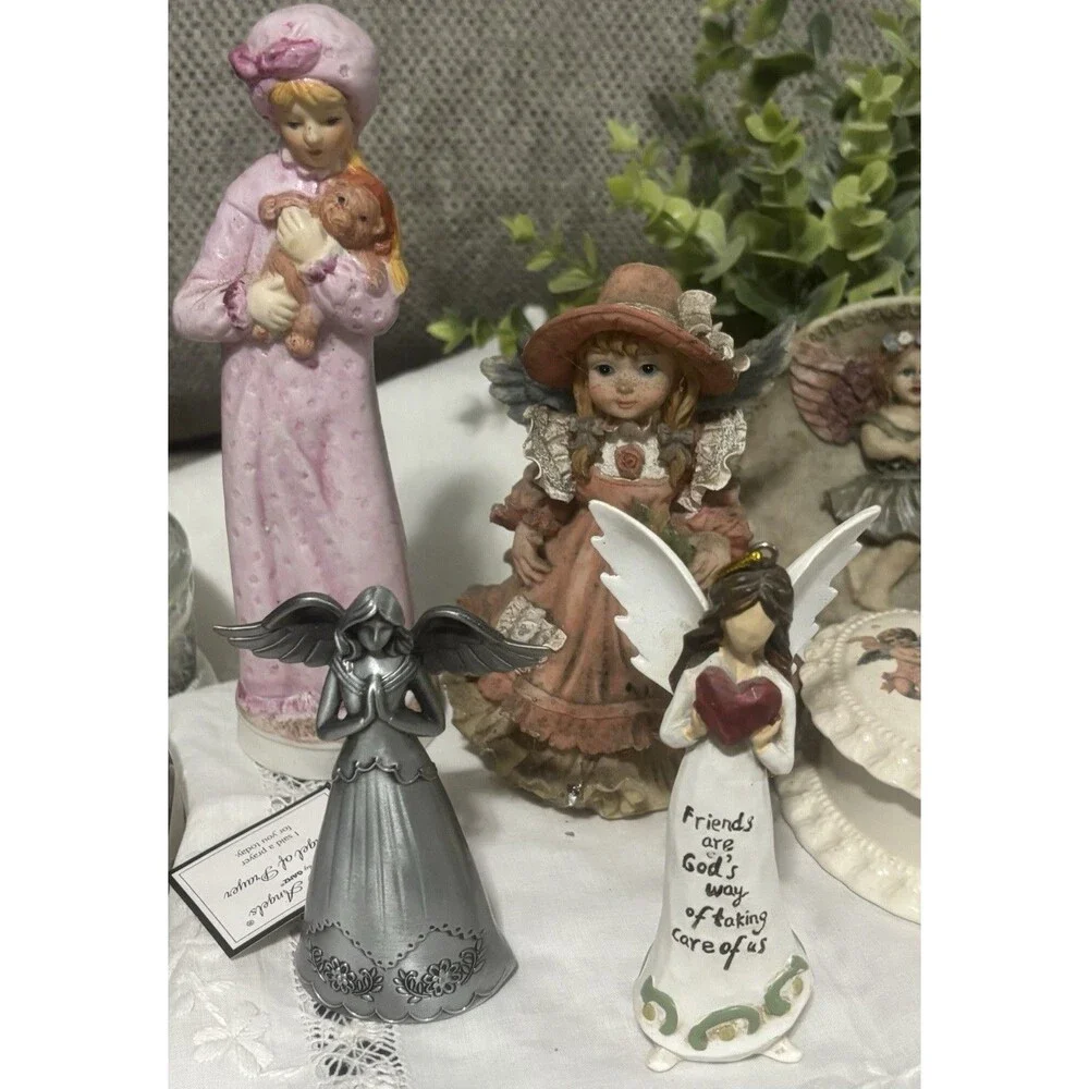 Vintage Angel Figurine Lot Girls Trinket Box Plate Cottagecore Decor Shabby Chic